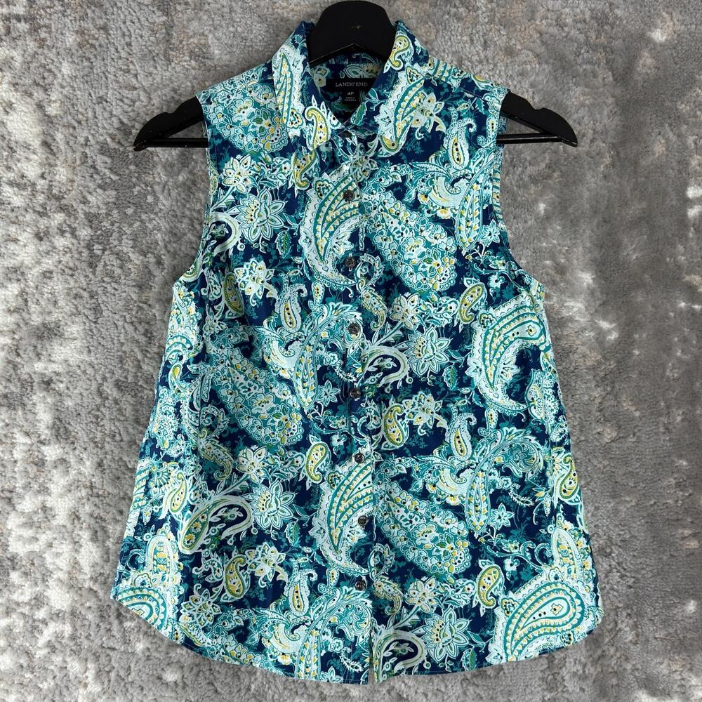Lands End Petite Sz 4P Supima Cotton Paisley Casual Button Top Blue Sleeveless